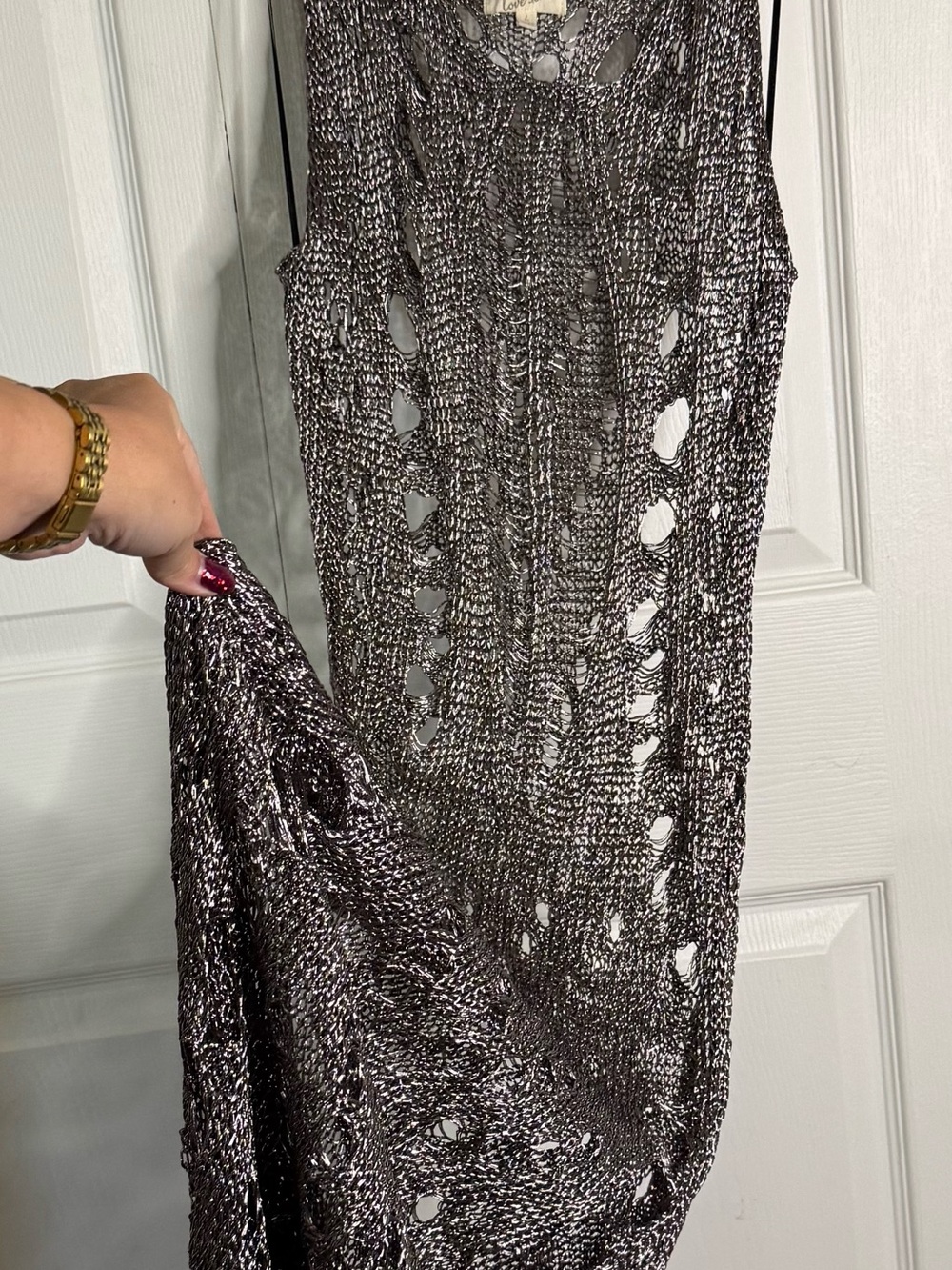 Metallic Open-Knit Maxi Dress in Silver